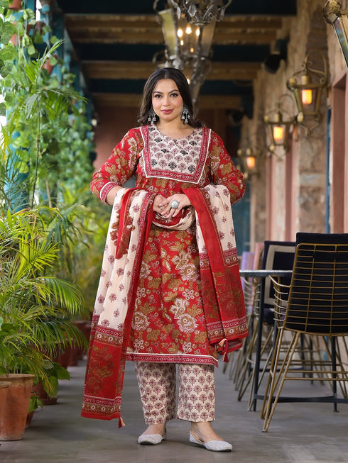 Women Plus Size Maroon Pure Cotton Kurta Set With Dupatta